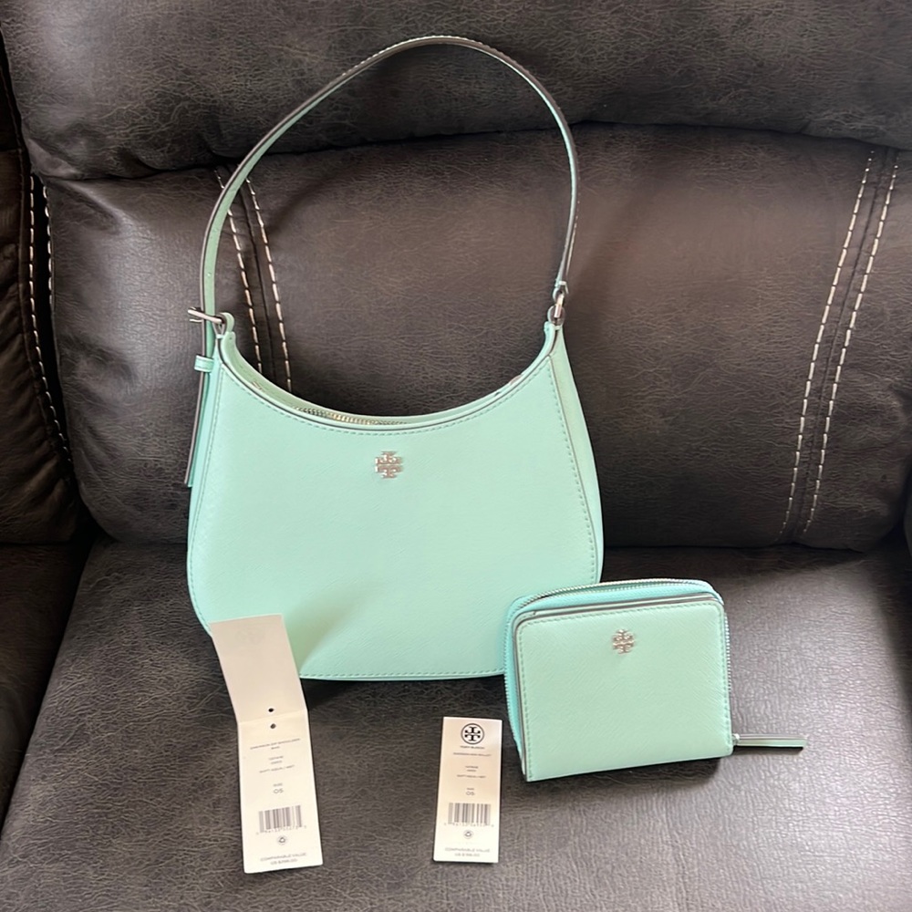 NWT Tory Burch Emerson Zip Shoulder Bag & Wallet in Soft Aqua